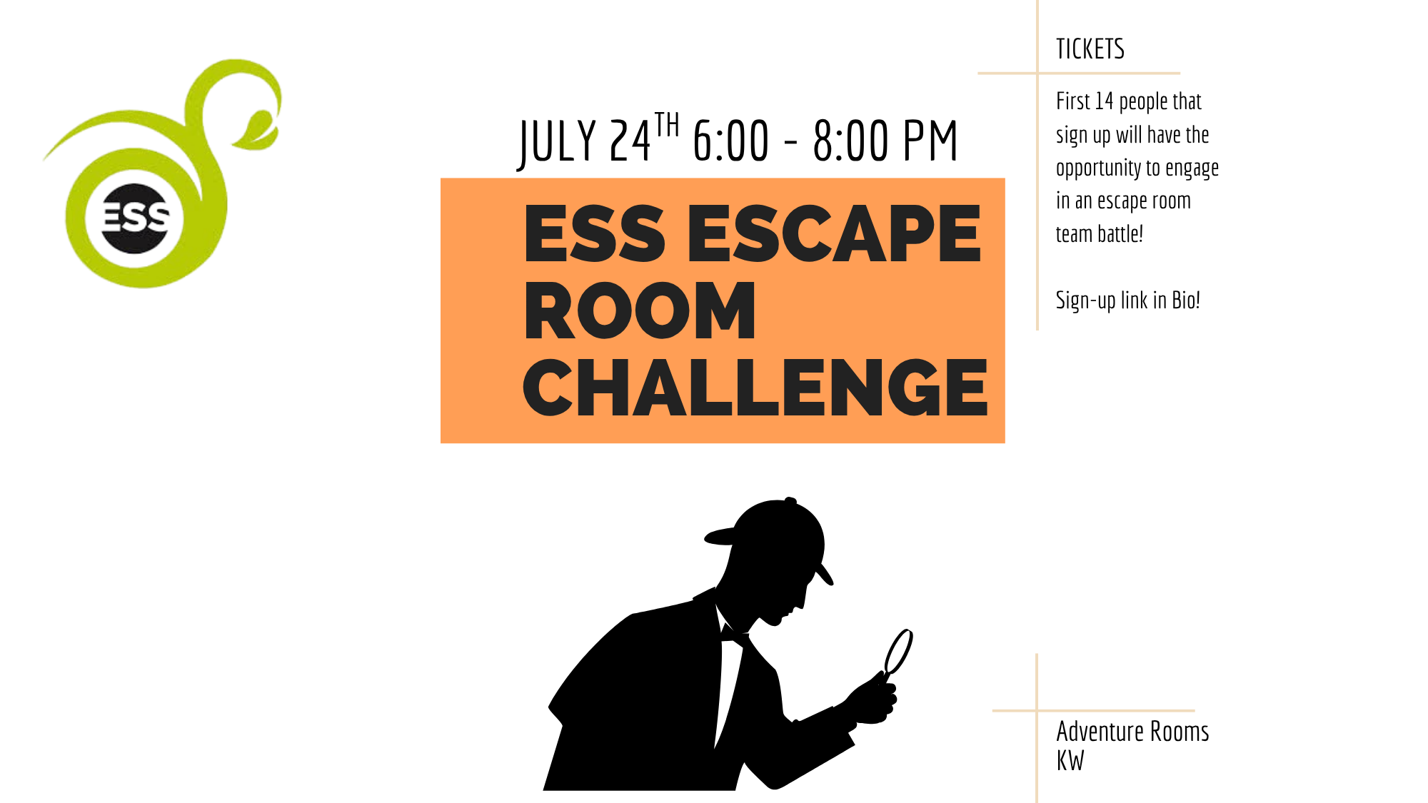 Join the ESS Escape Room Challenge on July 24th, 6–8 PM! Put your detective skills to the test—spot the detective silhouette and find all event details.