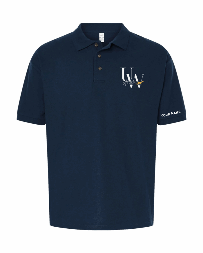 Navy blue men’s polo shirt with "UW" logo on the chest and "Your Name" text on the left sleeve. Perfect Summer Merch for Aviation Society members.