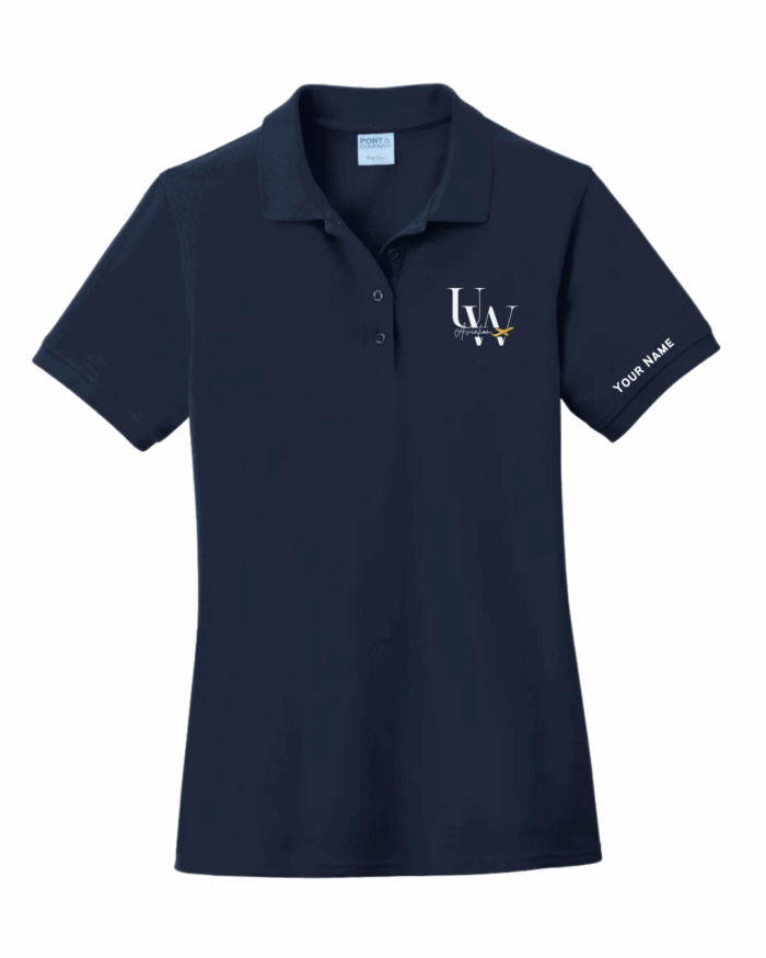 Ladies' Polo in navy blue featuring the "UW" logo on the chest and "YOUR NAME" on the right sleeve—perfect Summer Merch for Aviation Society members.