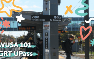 People wait at a light rail station with signs for Conestoga and Fairway; colorful doodles and a WUSA 101 GRT U-Pass sticker overlay the image.