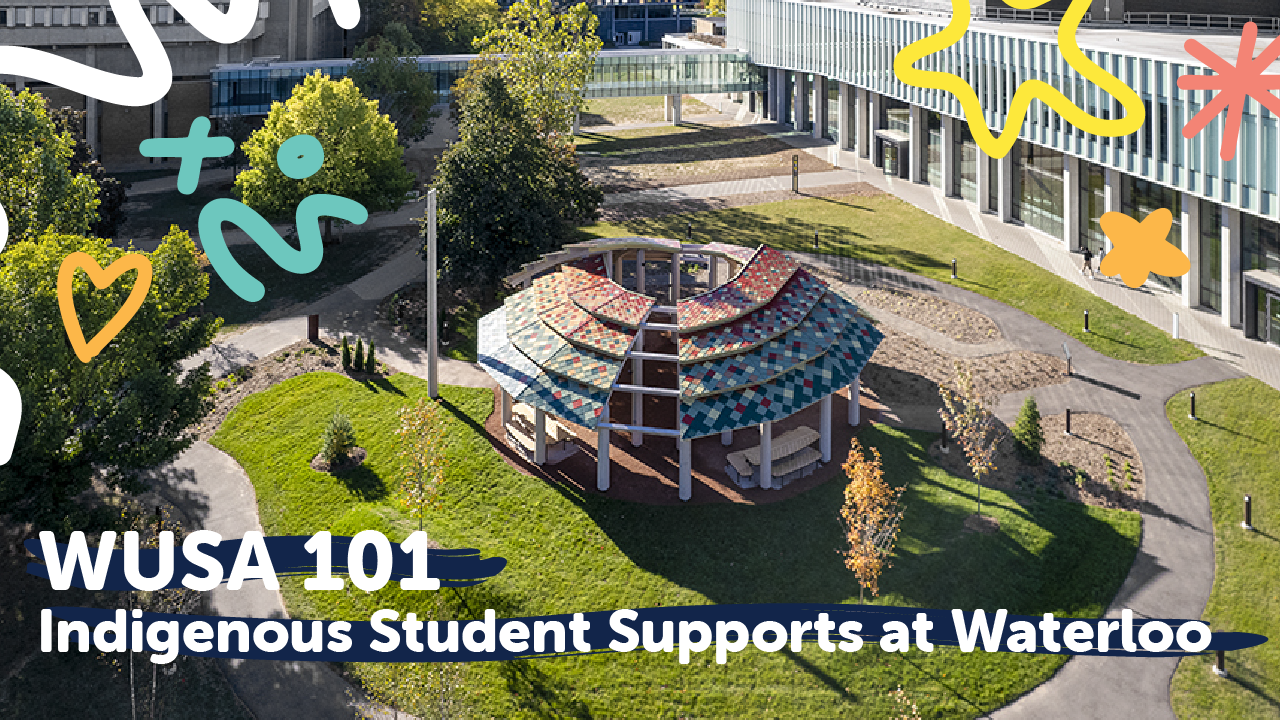 Aerial view of a colourful gazebo by a building with text: WUSA 101 Indigenous Student Supports at the University of Waterloo, highlighting resources for Indigenous student success.
