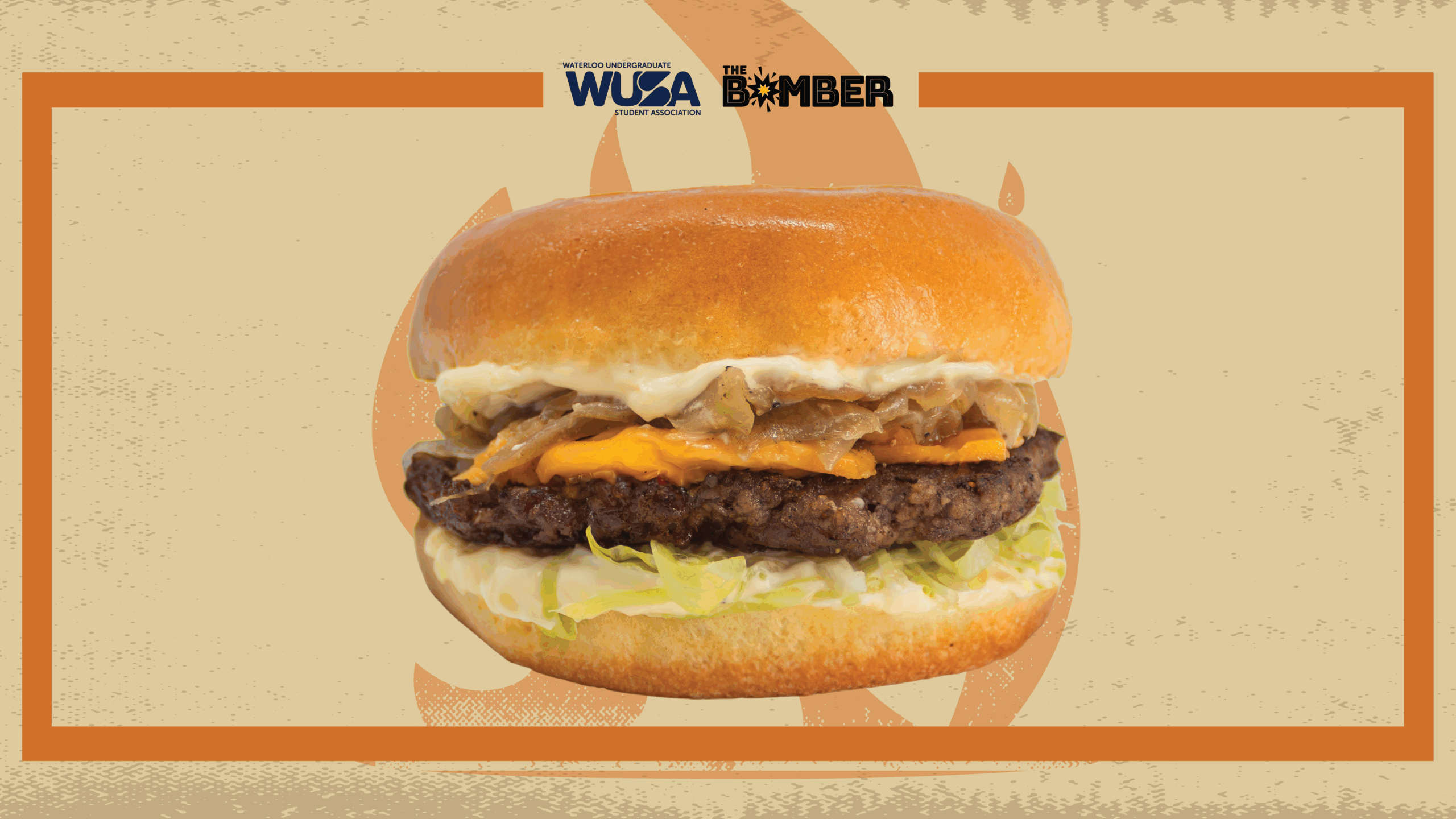 A BBQ Smash cheeseburger with lettuce, onions, and sauce on a bun, centered on a tan background with orange borders.