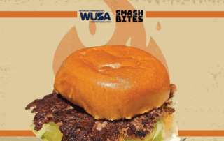 A smash burger with lettuce on a tan background, perfect for your next Fall BBQ party. WUSA and Smash Bites logos at the top.