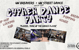 Flyer for an EOT Cypher Dance Party, featuring event details and photos of dancers performing on stage.