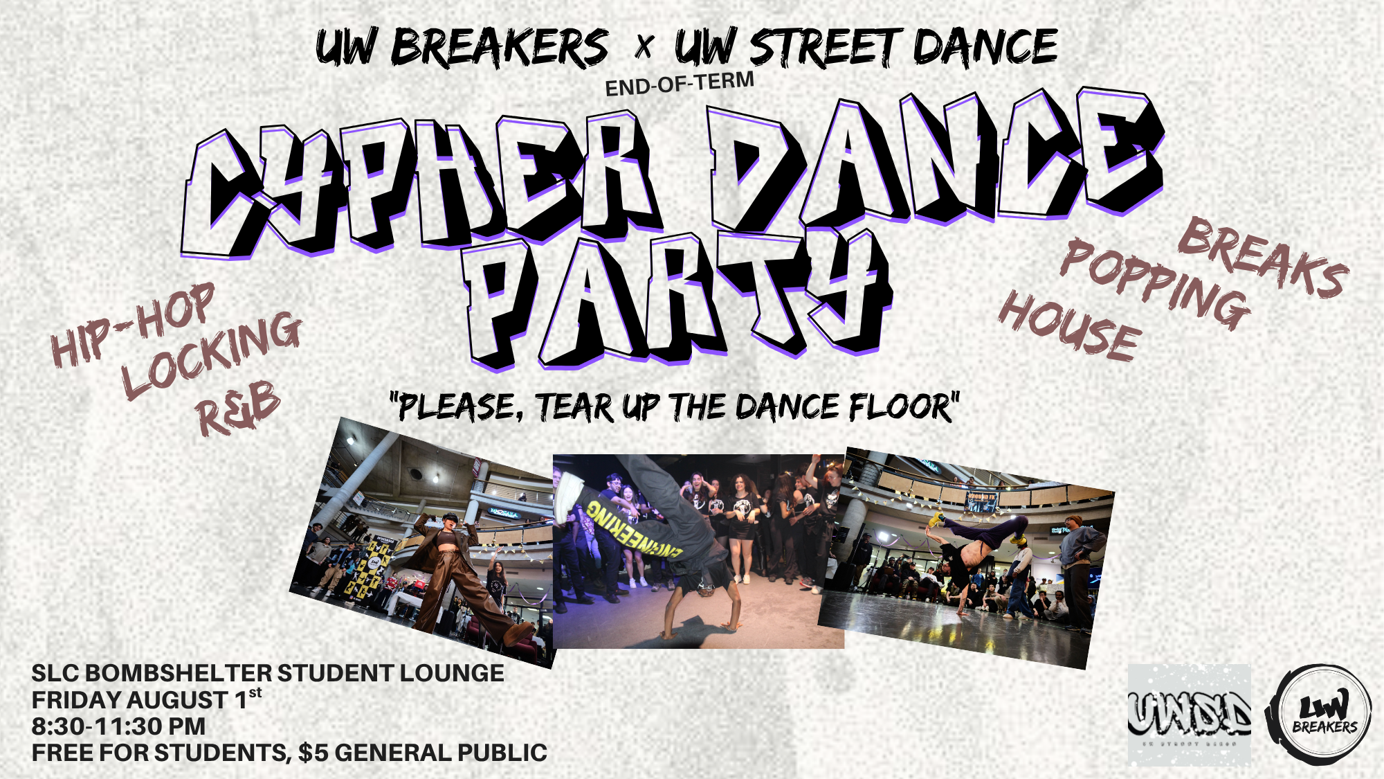 Flyer for an EOT Cypher Dance Party, featuring event details and photos of dancers performing on stage.