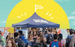 Crowd of students gather around a WUSA tent under a bright, stylized sun and blue sky background.
