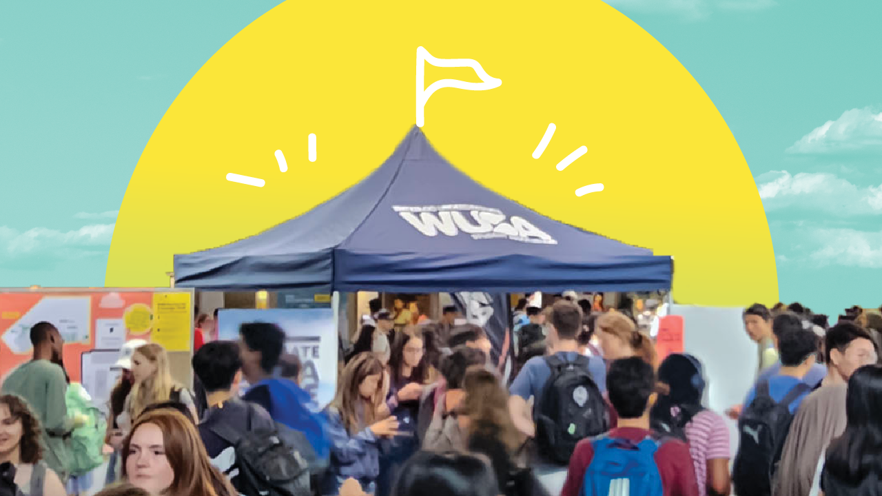 Crowd of students gather around a WUSA tent under a bright, stylized sun and blue sky background.
