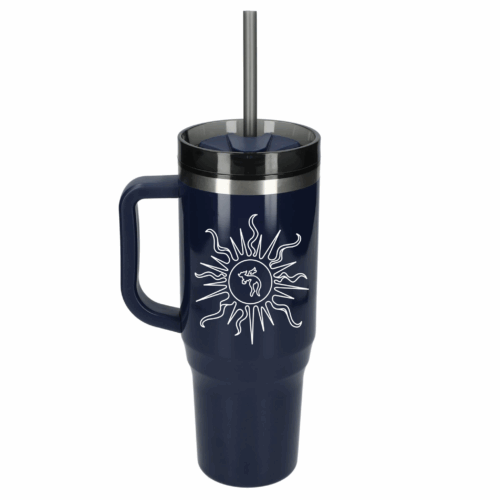 The Health Orientation Tumbler is a navy blue travel mug with a handle, straw, and white sun and earth design—ideal for a health-focused lifestyle on the go.