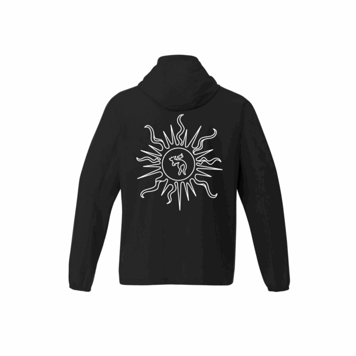 The Health Orientation Windbreaker features a black design with a white sunburst and a small central figure on the back, combining unique style and comfort for any orientation.