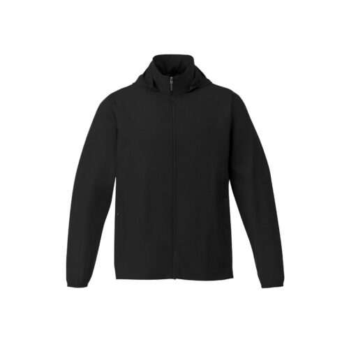 The Health Orientation Windbreaker is a black, zip-up jacket featuring long sleeves and a high collar, showcased against a plain white background.