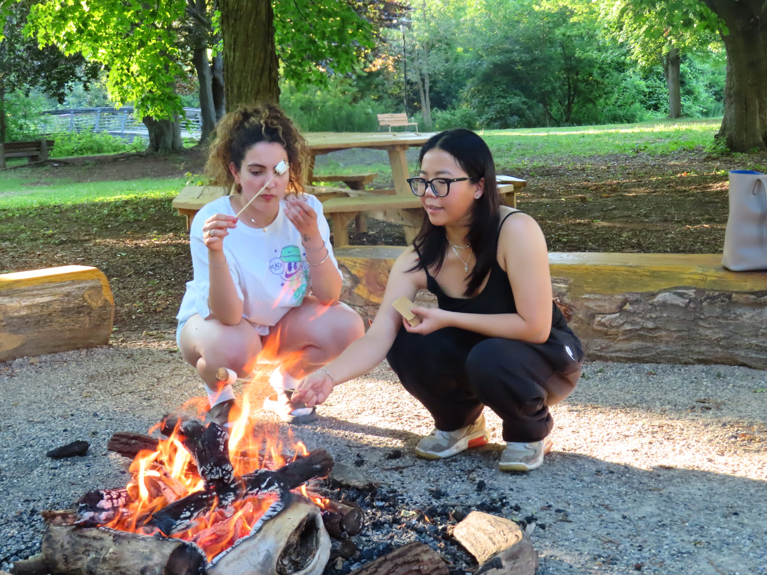 Two women toast marshmallows over a campfire in a wooded park, highlighting inclusion as they share stories and laughter on benches surrounded by green trees.