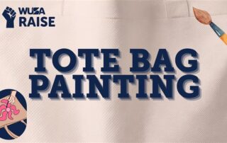 Tote Bag Painting activity shown with a paintbrush and a hand painting a pink design on a tote bag.
