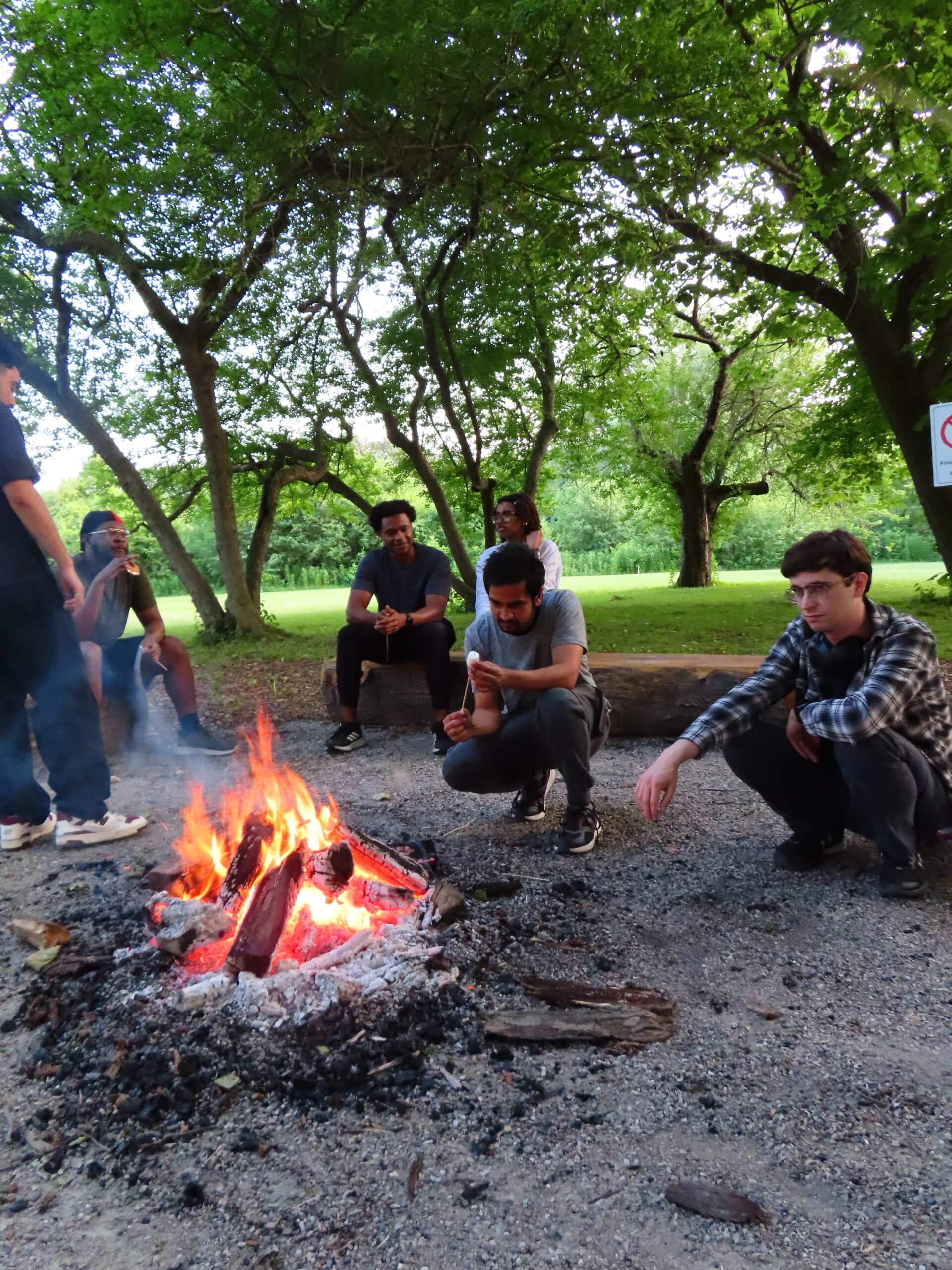 A diverse group of people sit and squat around a campfire in a wooded park area with green trees, reflecting inclusion and equity in their gathering.