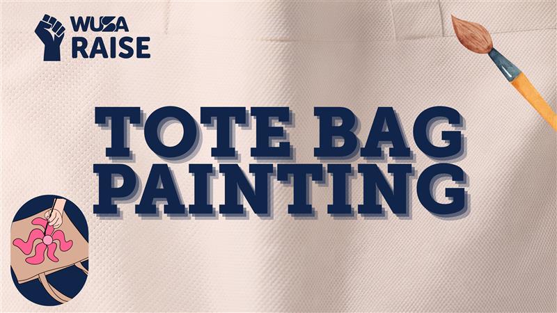 Tote Bag Painting activity shown with a paintbrush and a hand painting a pink design on a tote bag.