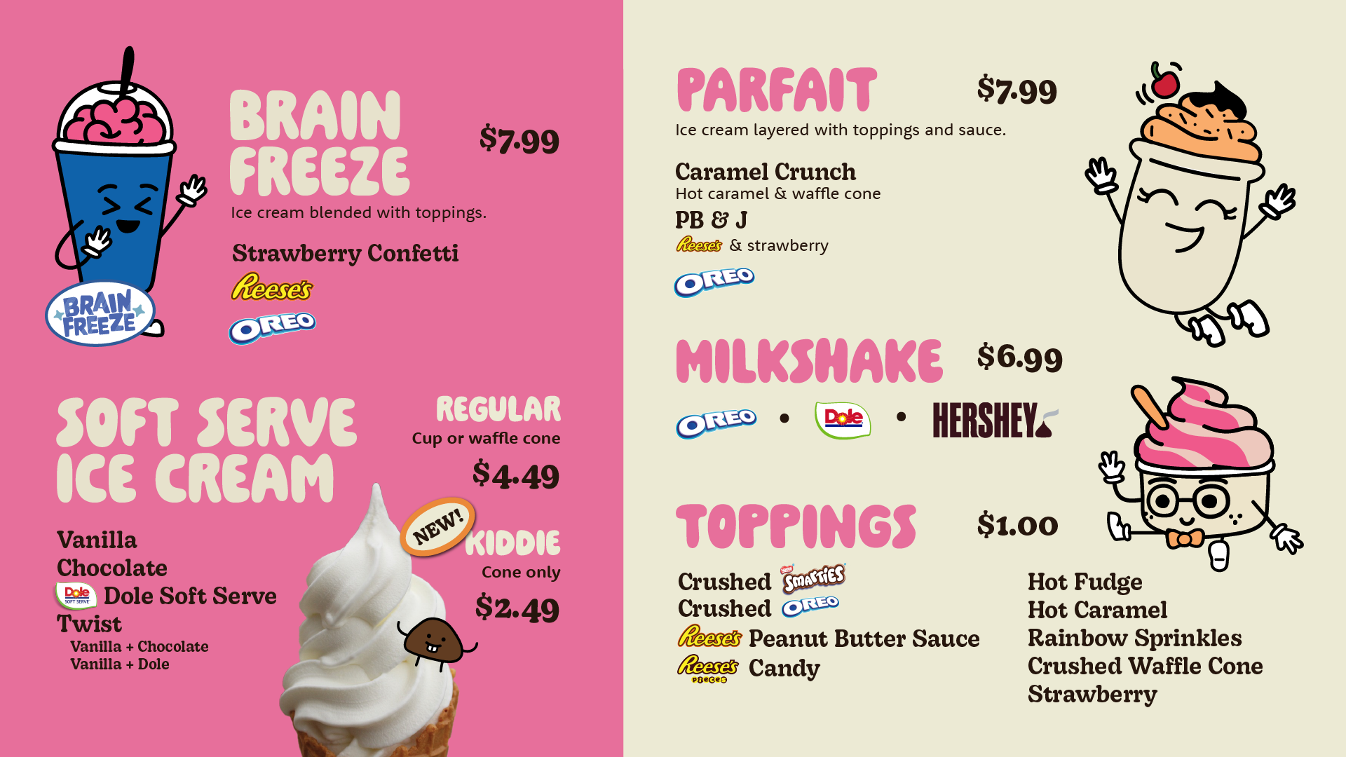 Colorful menu with cartoon ice cream, parfait, and milkshake. Lists flavors, toppings, and prices on a pink/yellow background.
