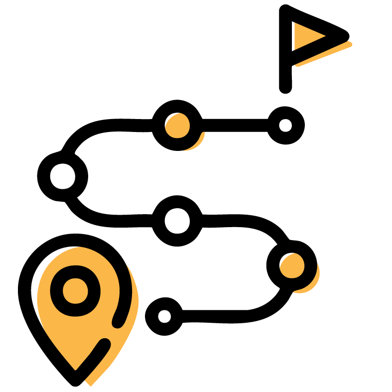 A path with a location pin at the start, dots along the route, and a flag at the end.
