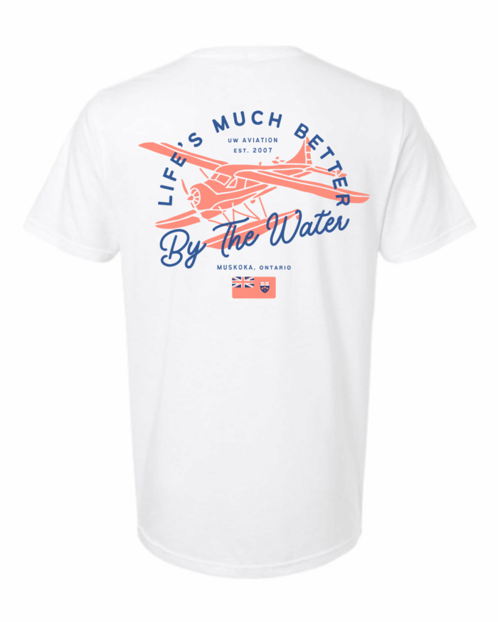 White Muskoka T-shirt with a graphic of a seaplane and the text “Life’s Much Better By the Water” on the back, perfect summer merch for aviation society enthusiasts.