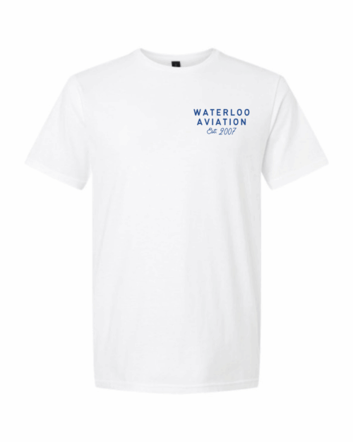 White Muskoka T-shirt with "WATERLOO AVIATION Est. 2007" printed in blue on the upper left chest—a perfect Summer Merch pick for any Aviation Society enthusiast.