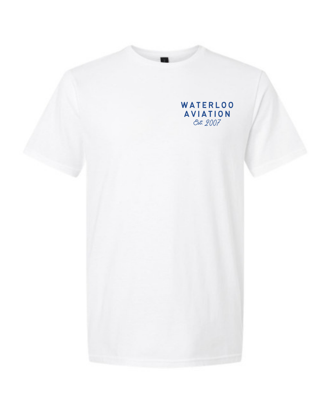 White Muskoka T-shirt with "WATERLOO AVIATION Est. 2007" printed in blue on the upper left chest—a perfect Summer Merch pick for any Aviation Society enthusiast.