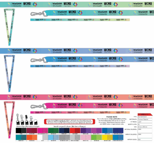 Four sets of WatSAM Lanyards featuring WatSAM and WCMR logos, offered in multiple colors and attachment choices.