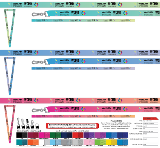 Four sets of WatSAM Lanyards featuring WatSAM and WCMR logos, offered in multiple colors and attachment choices.