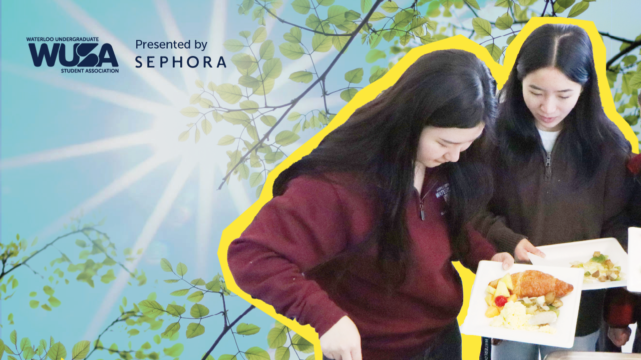 Two women serve food onto plates at the Welcome Brunch, a WUSA event sponsored by Sephora, set against a bright, leafy background.
