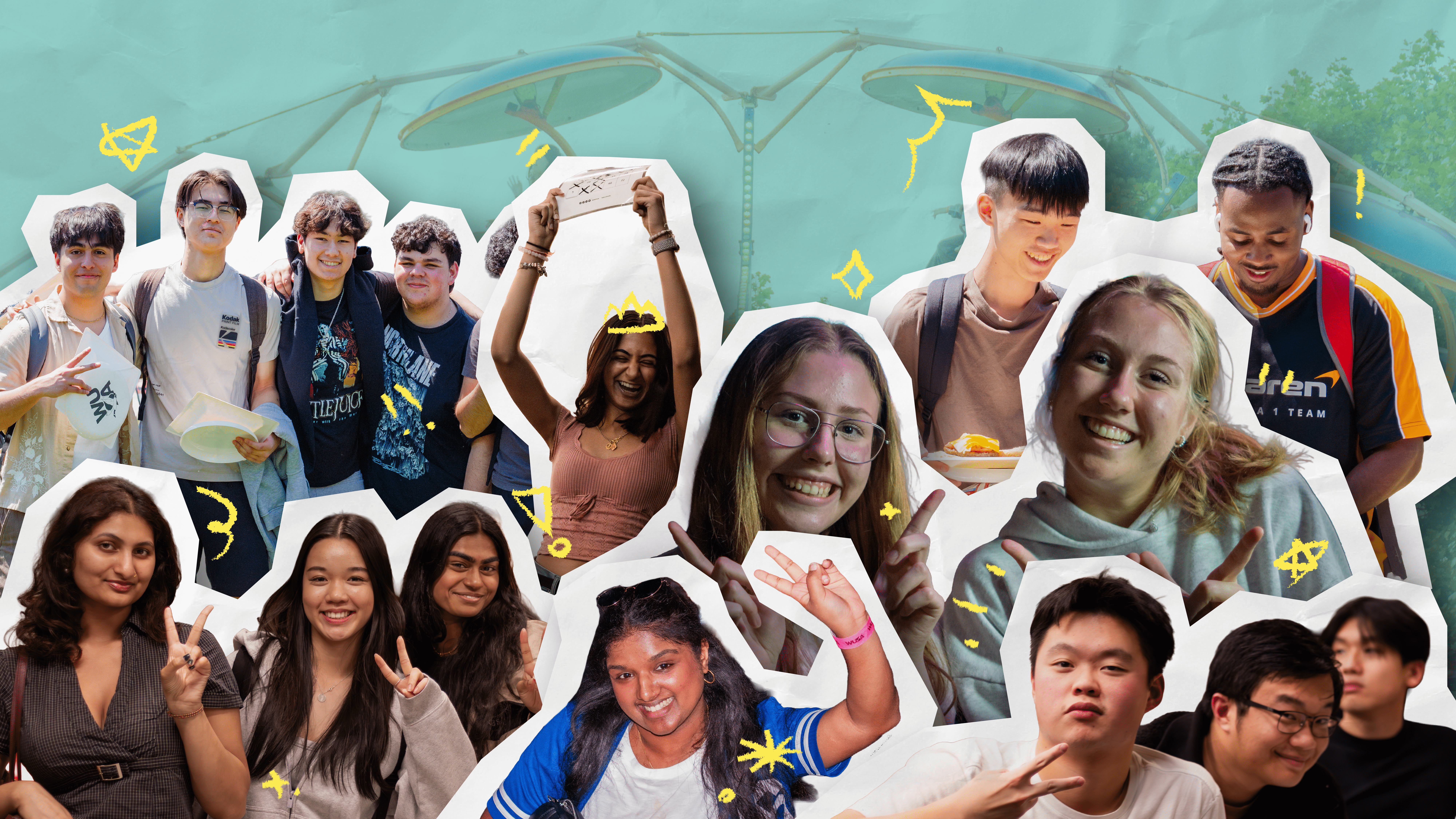 A diverse group of smiling students pose and celebrate in a cheerful, collage-style image with doodle accents, capturing the excitement of Welcome Week.
