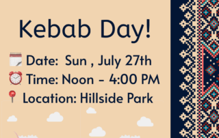 Illustration for Kabob Day event: July 27th, noon–4 PM at Hillside Park, featuring two people grilling kabobs outdoors. Presented by ISAW.