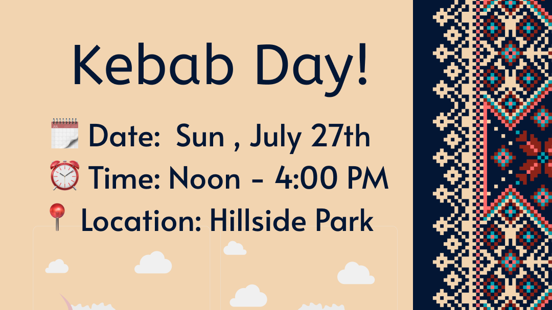 Illustration for Kabob Day event: July 27th, noon–4 PM at Hillside Park, featuring two people grilling kabobs outdoors. Presented by ISAW.