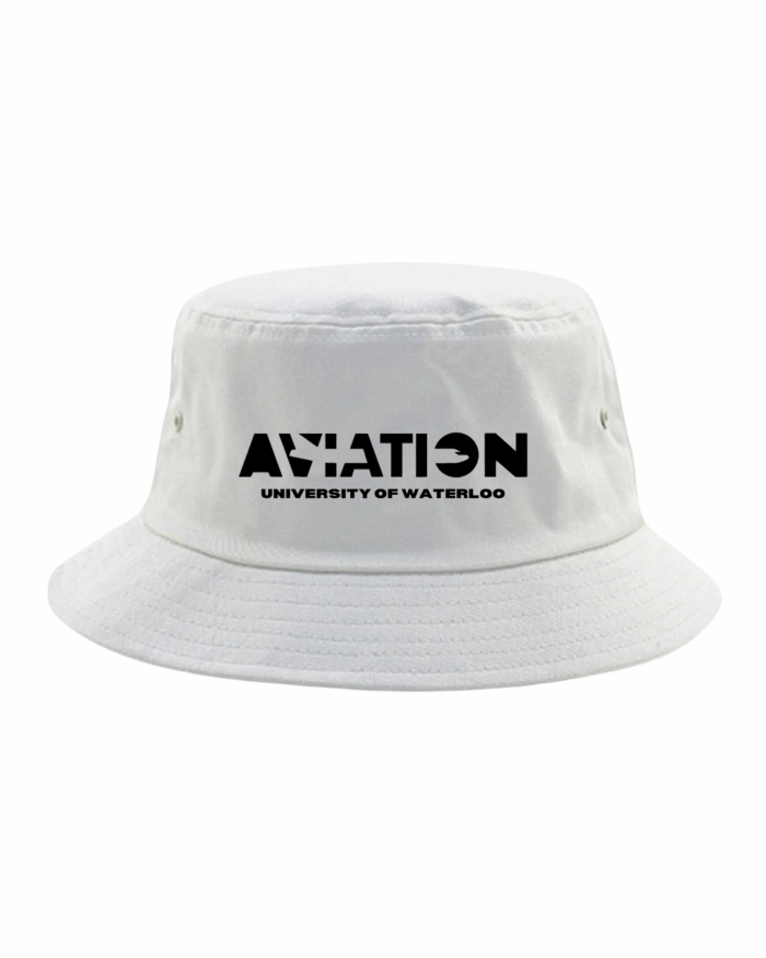 White bucket hat with "AVIATION UNIVERSITY OF WATERLOO" printed in bold black text on the front—a must-have piece of Aviation Society summer merch.