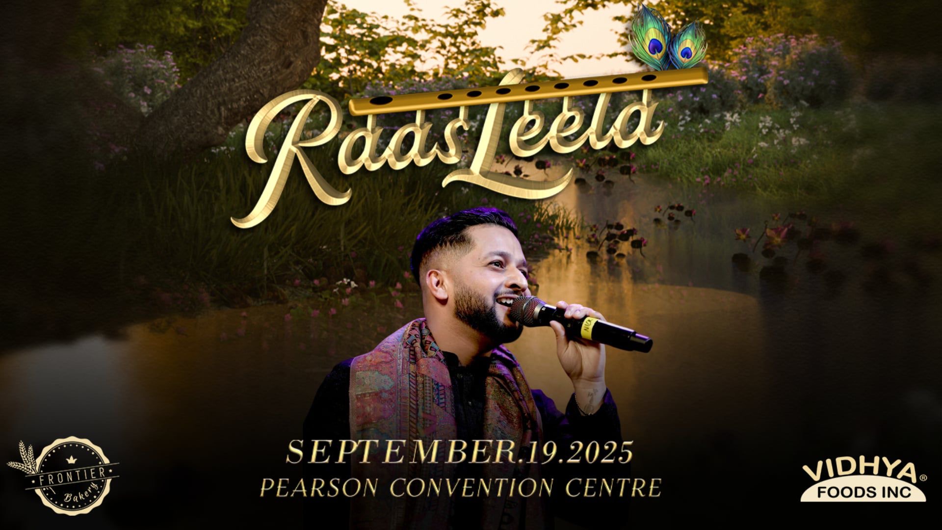 A man sings into a microphone with “RaasLeela 2025” and event details for Sept. 19, 2025, at Pearson Convention Centre.