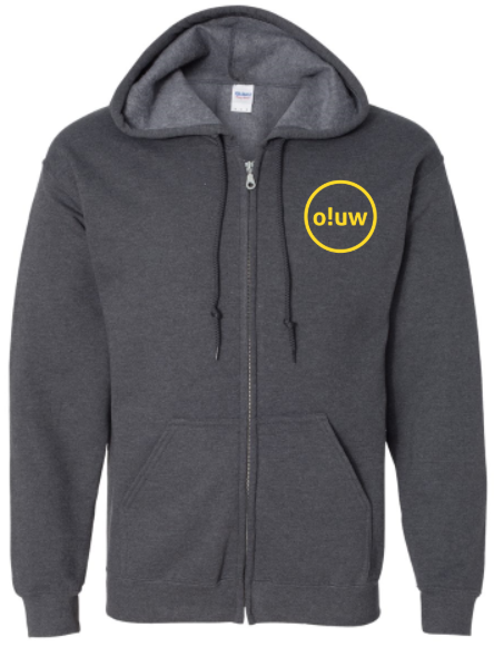 The osu!UW Club Hoodie is a dark gray zip-up featuring a yellow "o!uw" logo inside a circle on the left chest.