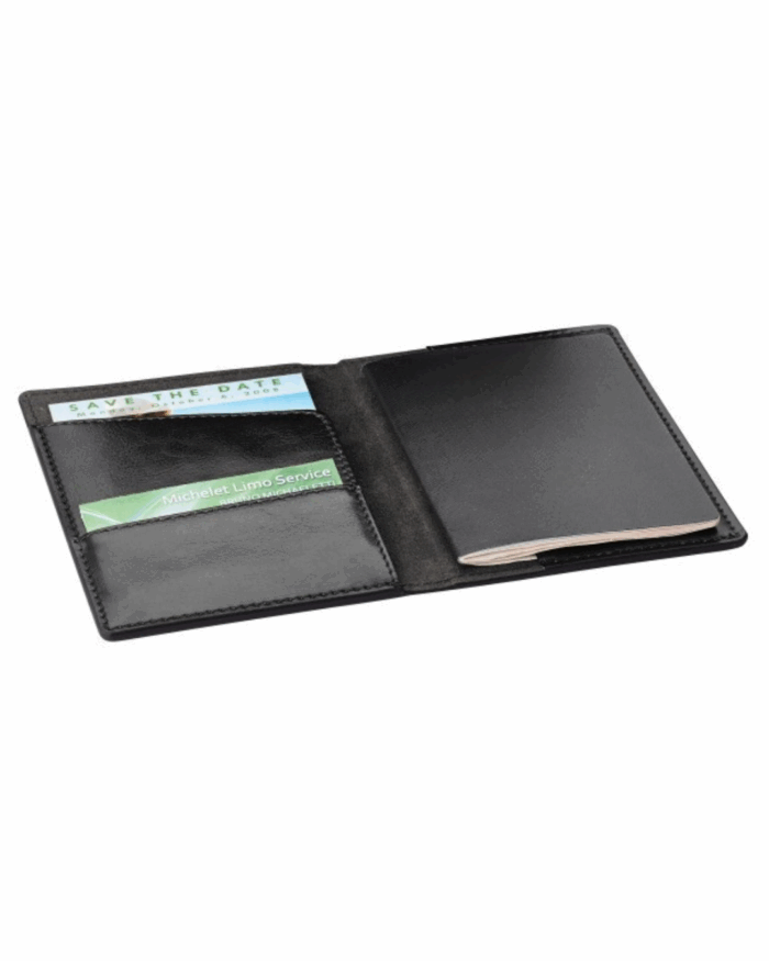 Open black leather wallet and license holder with two cards and a small notebook inside, displayed on a white background—perfect for Aviation Society summer merch.