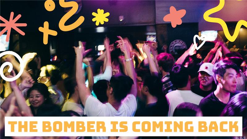 A lively crowd dances at a nightclub with colorful doodles and the text "THE BOMBER IS COMING BACK," celebrating the return of the iconic Campus Bar.