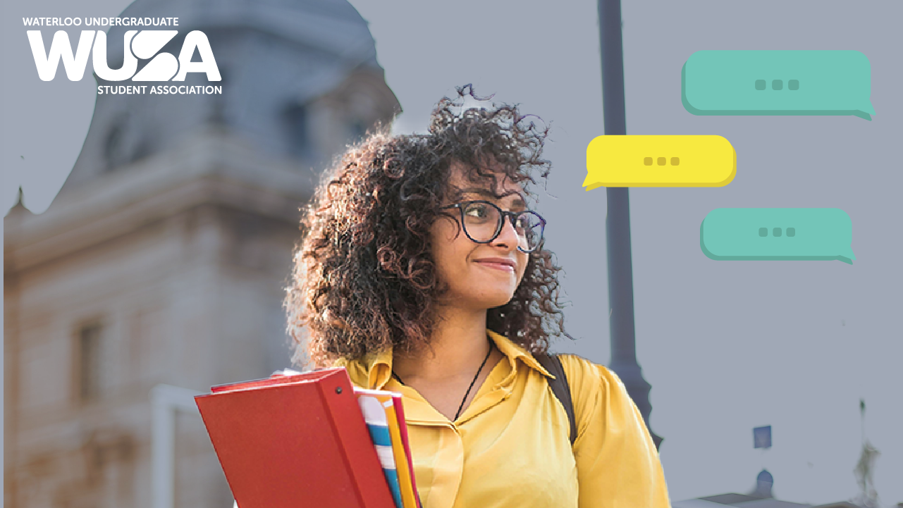Comprehensive OUSA_Web Smiling student with curly hair and glasses holds books; speech bubbles, WUSA logo, and a mention of Focus Groups for Student Governance appear on the image.