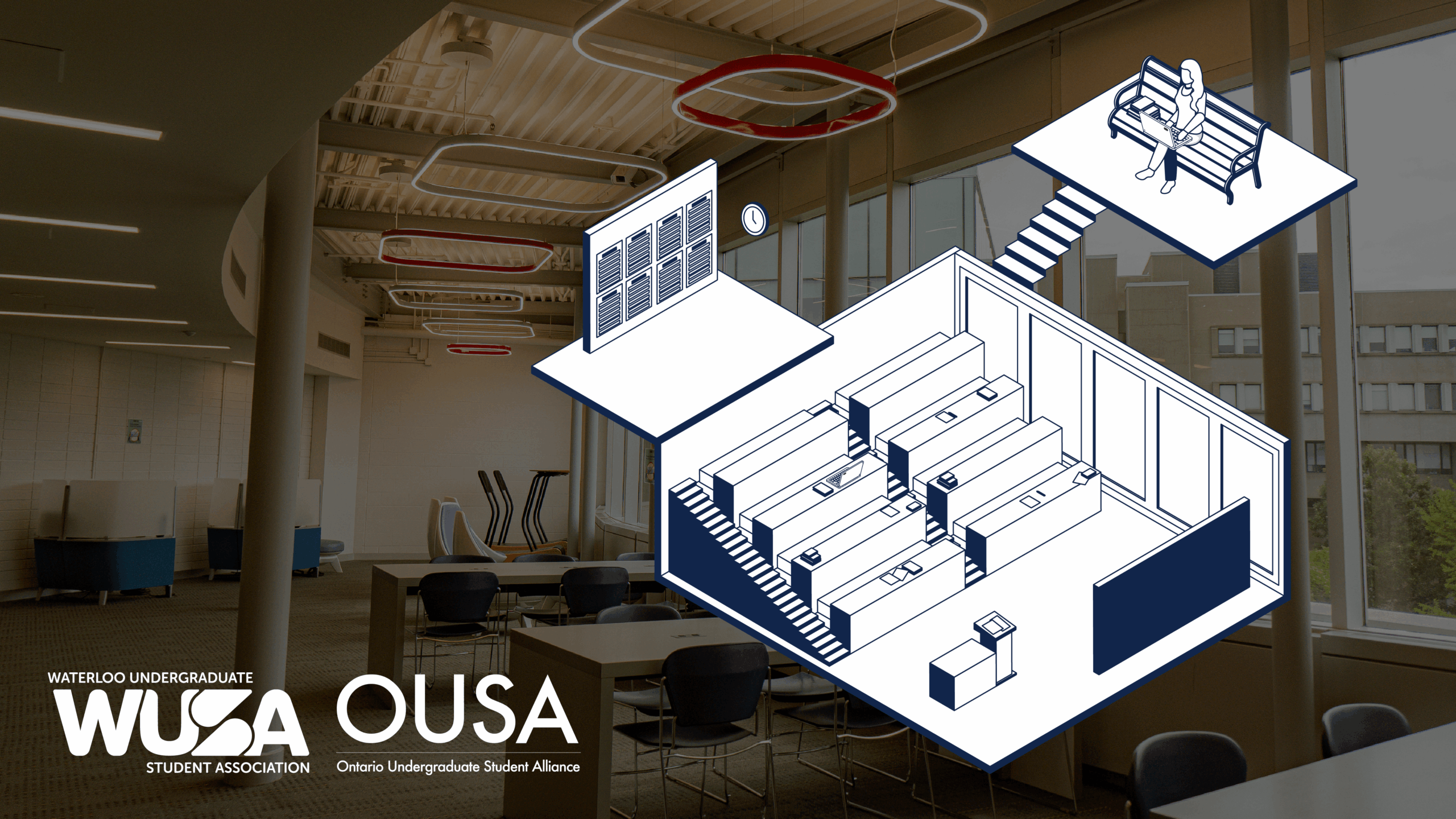 Illustration of a library with bookshelves and study areas, highlighting campus infrastructure and accessibility, overlaid on a modern study space background.