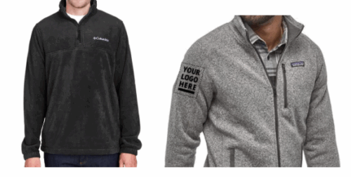 Two men in hEDGE Executive Quarterio zip-up fleece jackets—one black, one gray—with logos embroidered on the chest and sleeve.