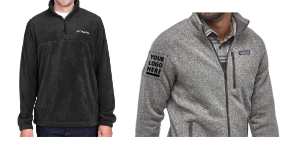 Two men in hEDGE Executive Quarterio zip-up fleece jackets—one black, one gray—with logos embroidered on the chest and sleeve.