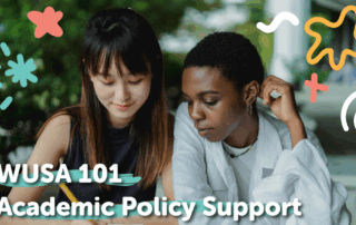 Two students study together outdoors, surrounded by colorful doodles and the text “WUSA 101 Academic Policy Support,” highlighting how WUSA offers helpful Academic Policy guidance.