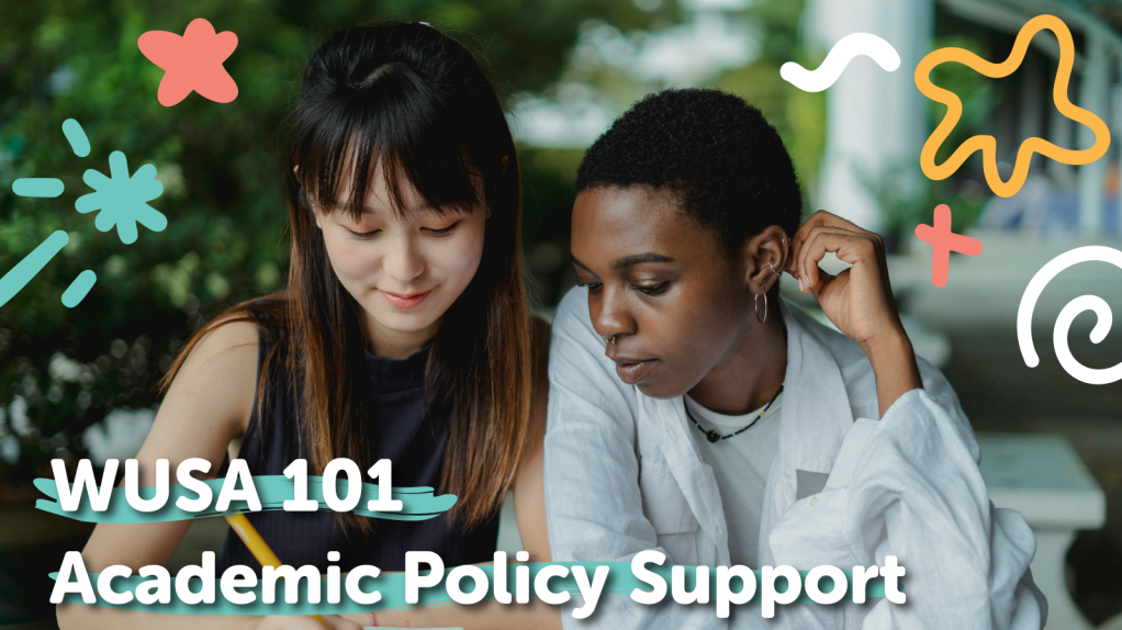 Two students study together outdoors, surrounded by colorful doodles and the text “WUSA 101 Academic Policy Support,” highlighting how WUSA offers helpful Academic Policy guidance.