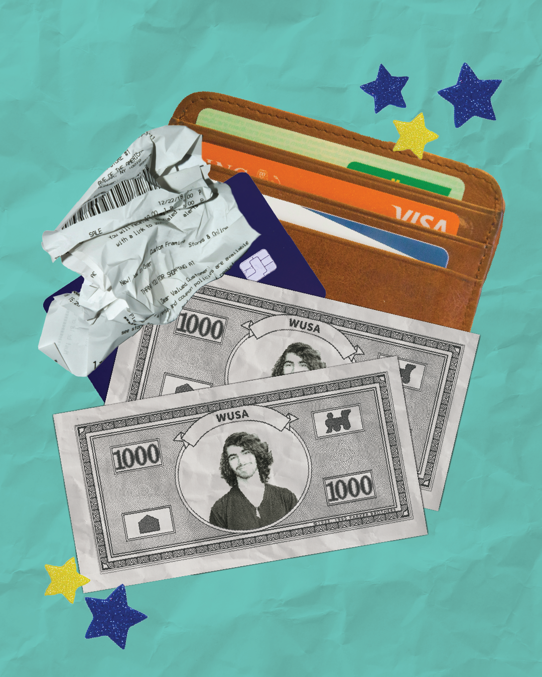 A wallet with cards, crumpled receipts, and two cartoon bills on a teal background with stars.