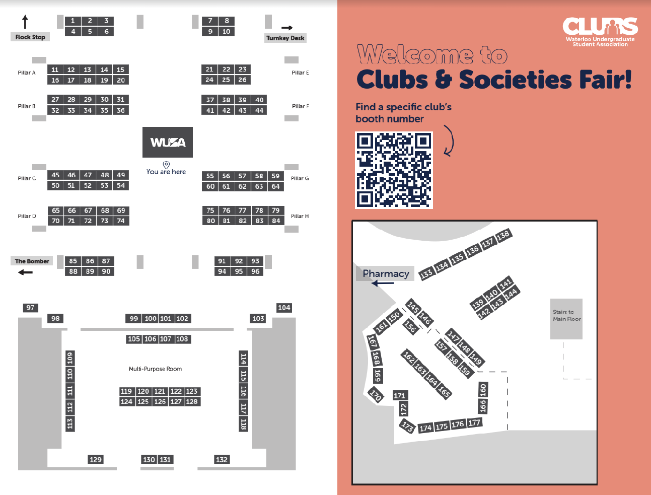 Map of a Clubs & Societies Fair with booth numbers, a QR code, and a "You are here" marker.