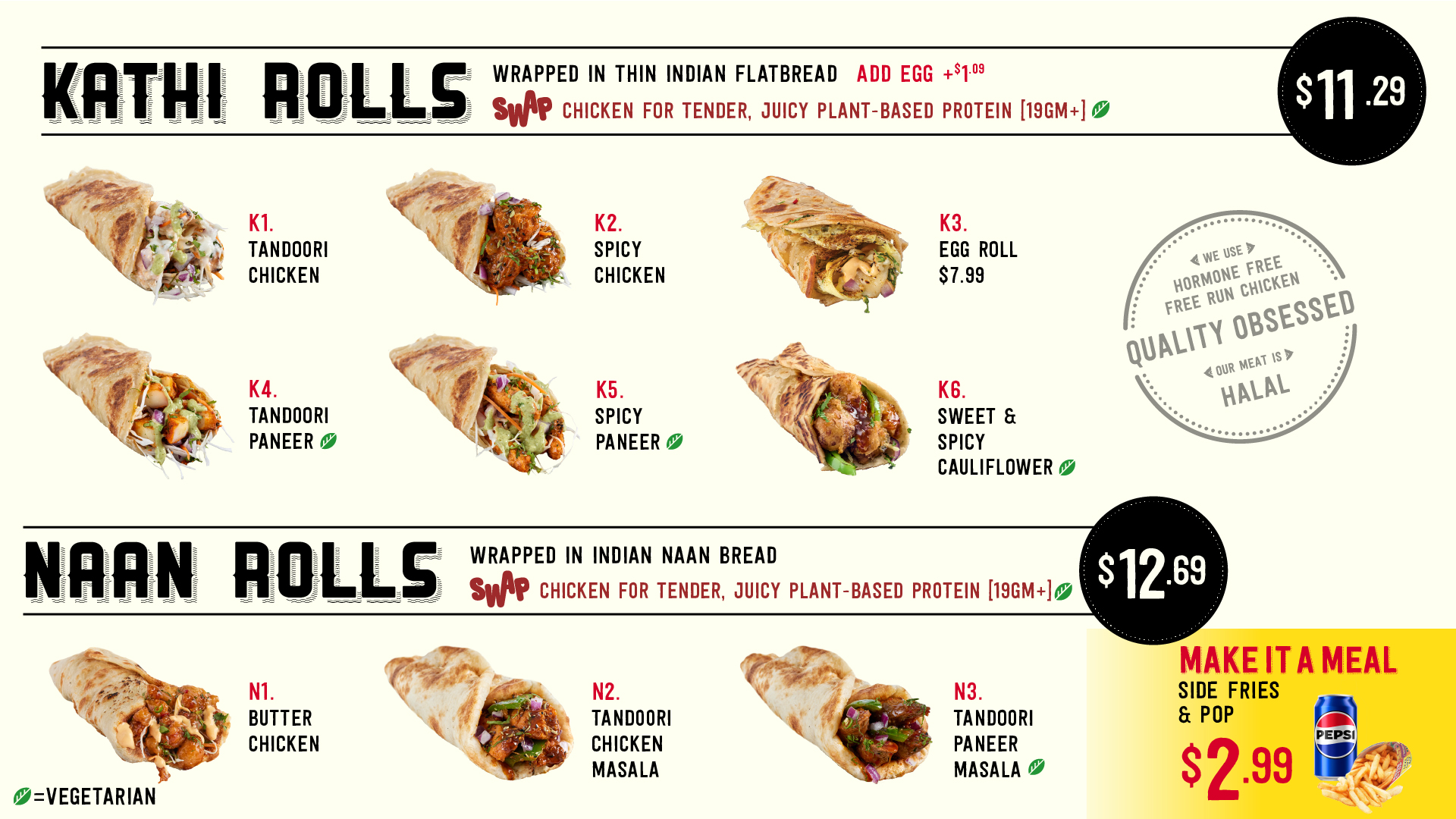 Menu showing kathi and naan rolls with various fillings and prices, plus a meal deal option.