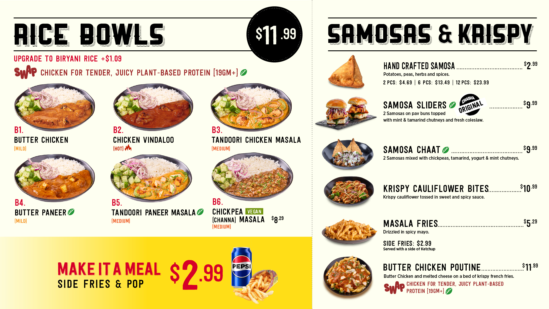 Menu showing rice bowls, samosas, sliders, chaat, cauliflower bites, and meal upgrade options with prices.
