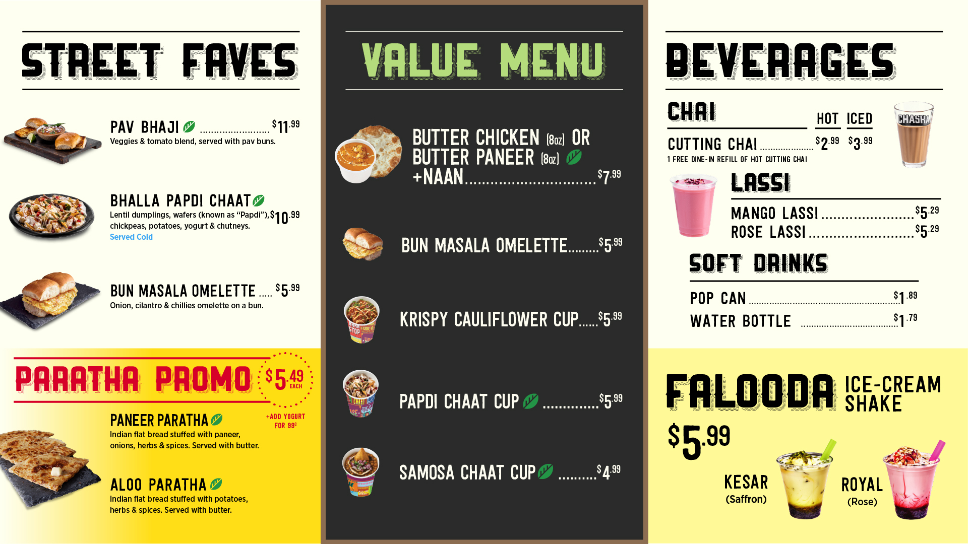 Restaurant menu board displaying street food, value meals, beverages, and promo offers with colorful sections.