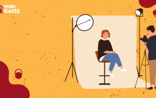 Illustration of a woman posing on a stool for a LinkedIn headshot session, with a photographer and studio lights capturing the professional moment.