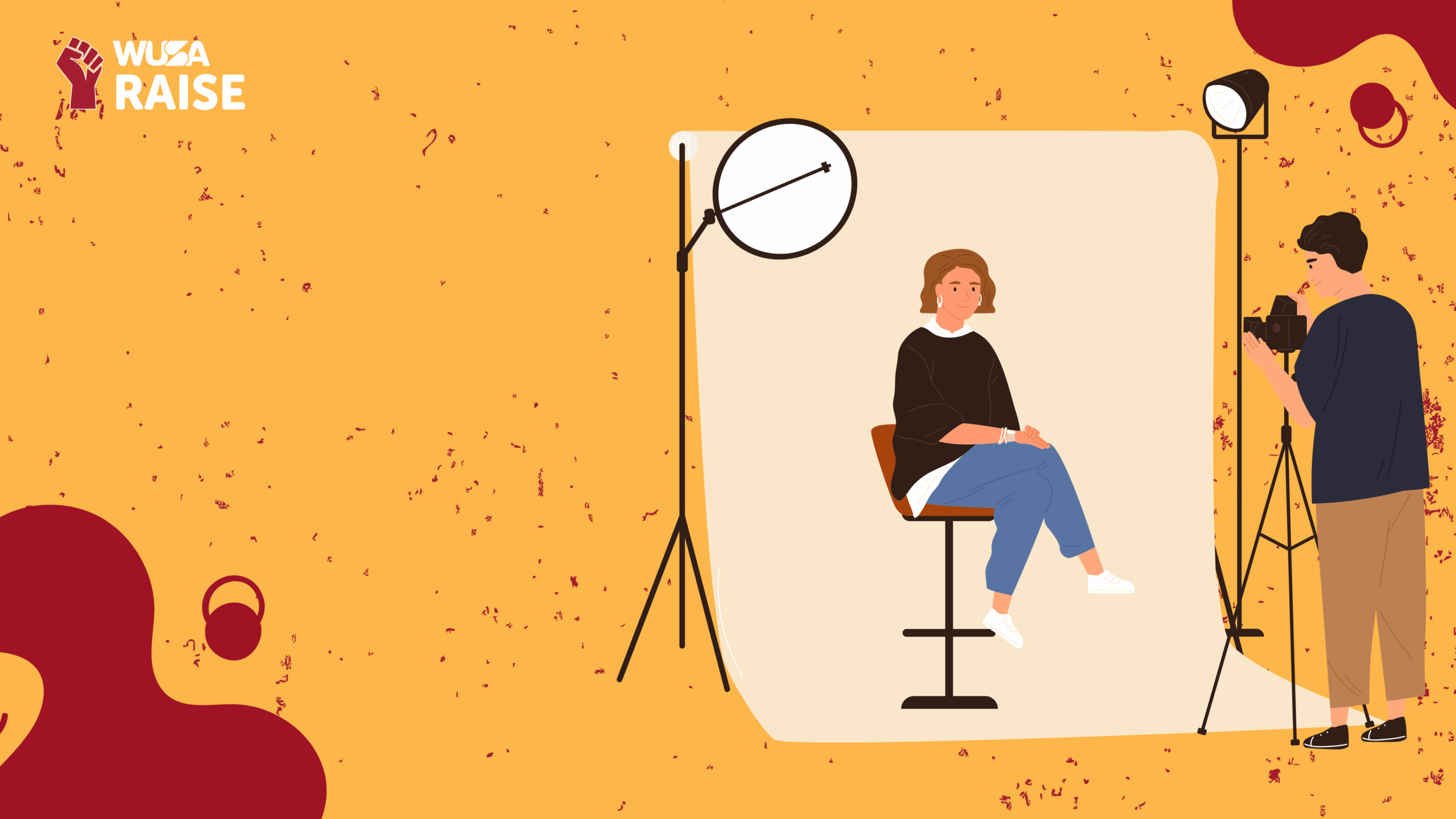 Illustration of a woman posing on a stool for a LinkedIn headshot session, with a photographer and studio lights capturing the professional moment.