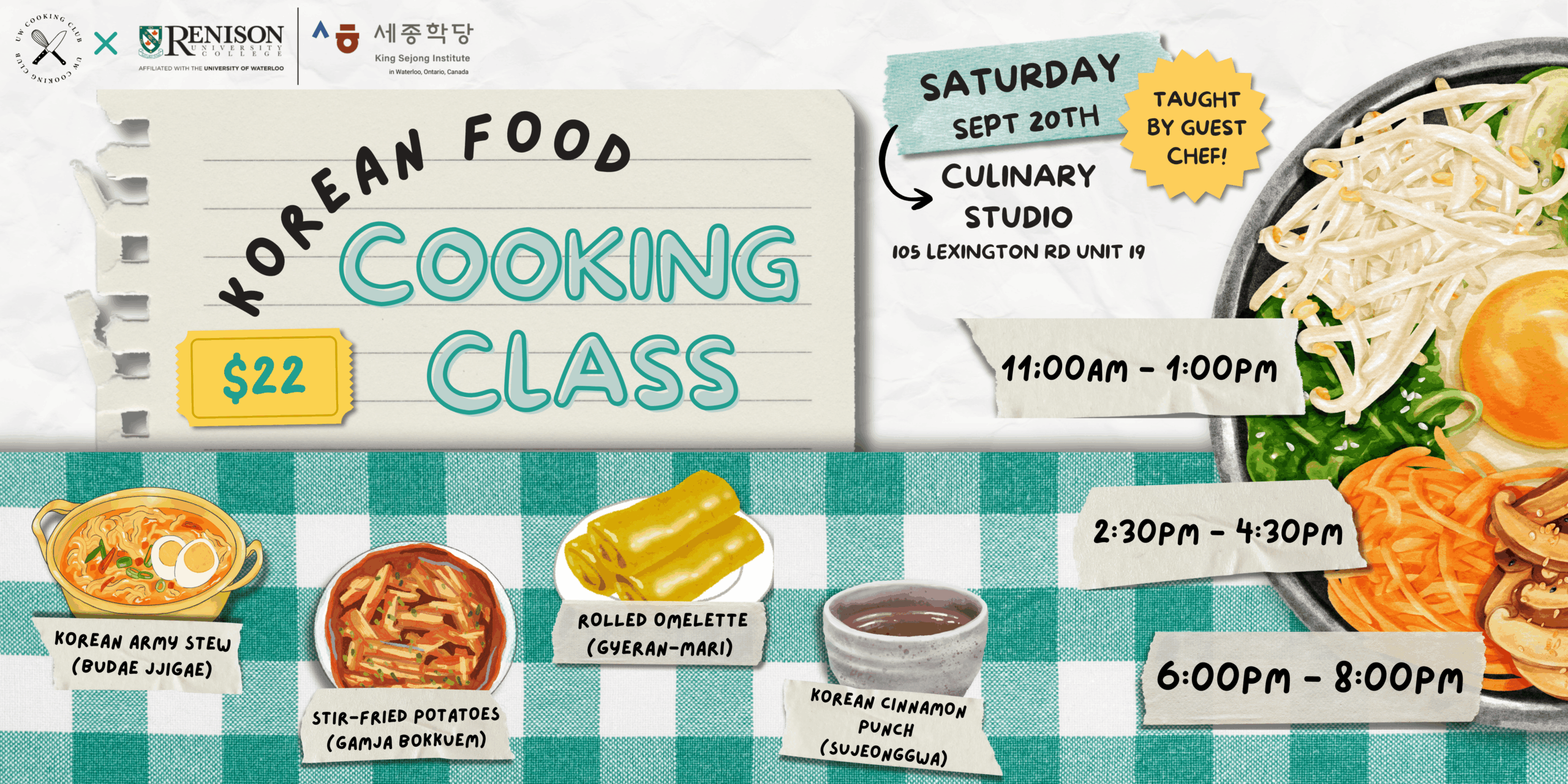 Poster for a Korean food cooking class with dishes, times, date, price, and event details on a checkered tablecloth.