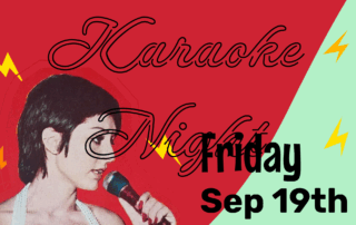 A person sings into a microphone; text advertises ISAW Karaoke Night on Friday, Sep 19th, 7-10 PM at Grad House.