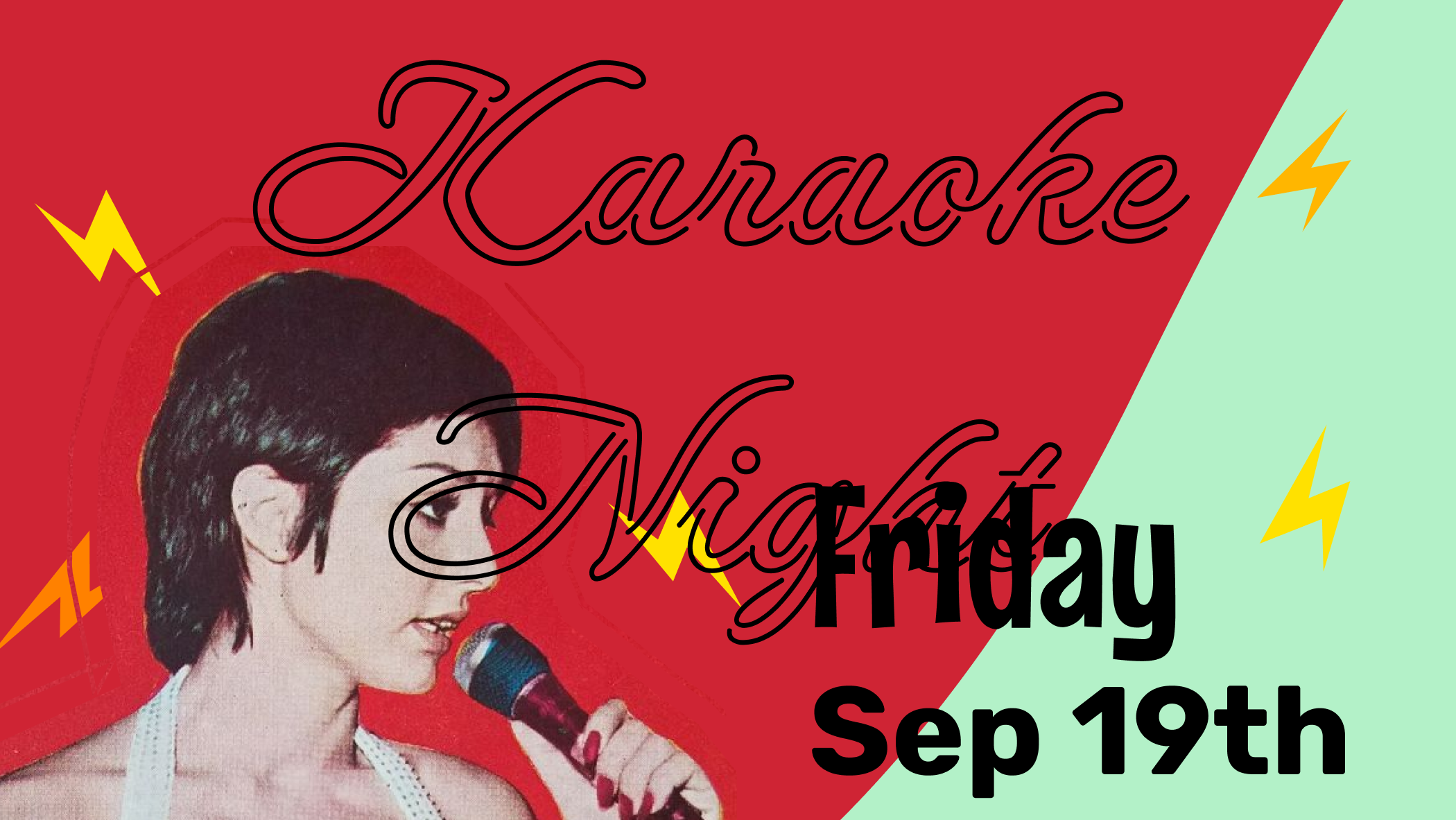 A person sings into a microphone; text advertises ISAW Karaoke Night on Friday, Sep 19th, 7-10 PM at Grad House.